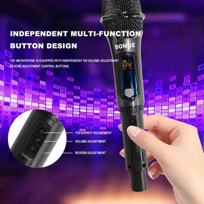 BOMGE Microphone à main sans fil, système de micro dynamique double sans fil avec récepteur Rechargeable 1800MAh pour karaoké