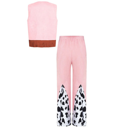 Déguisement de cow-boy/cow-girl western d'Halloween pour filles, gilet à franges étoiles et pantalon évasé imprimé vache, tenues de carnaval