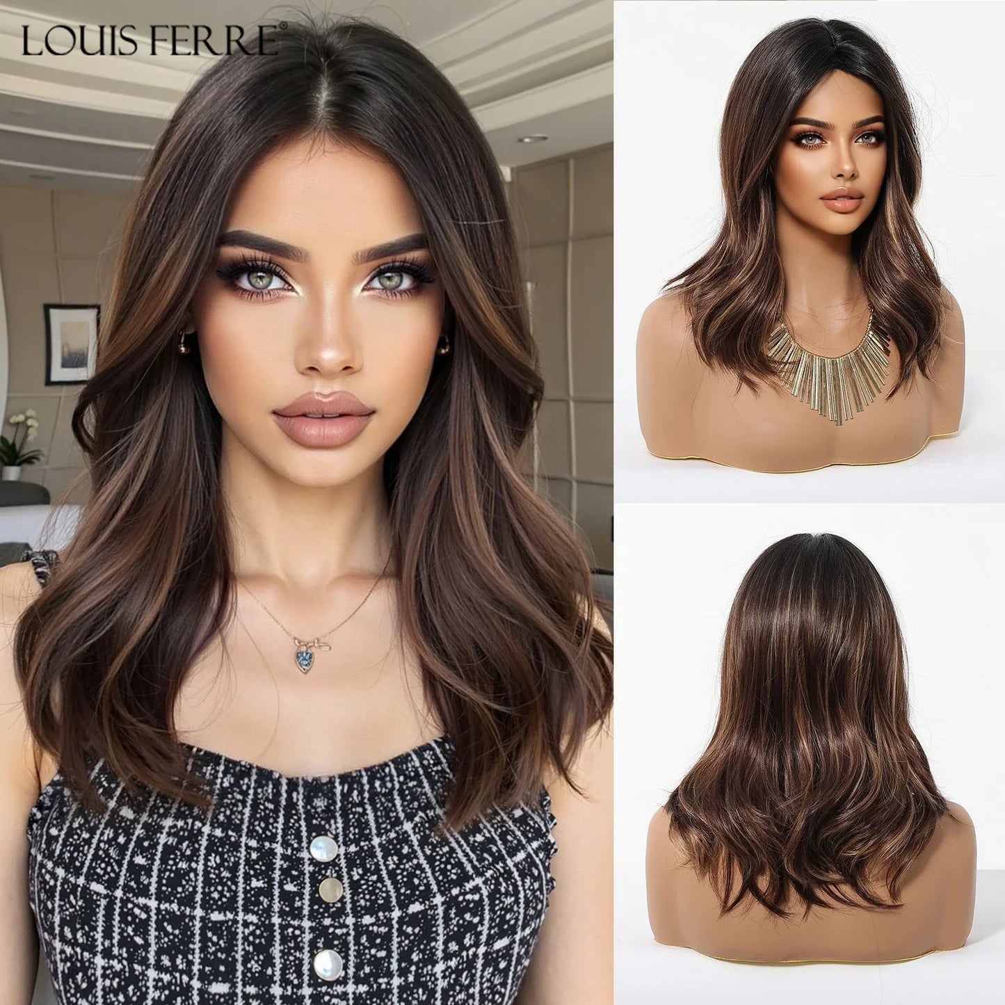 Brown Blonde Ombre Synthetic Wigs for Women Medium Length Wavy Layered Wigs With Side Bangs Daily Party Heat Resistant Fake Hair