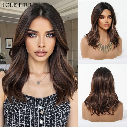 Brown Blonde Ombre Synthetic Wigs for Women Medium Length Wavy Layered Wigs With Side Bangs Daily Party Heat Resistant Fake Hair