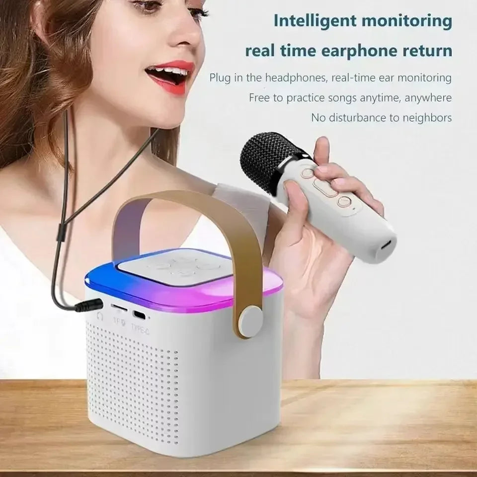 Mini karaoke machine, LED speaker with Bluetooth, suitable for family birthday party, microphone for girls and boys.