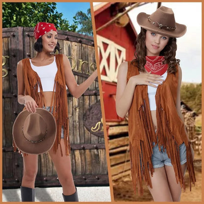 Women's Cowgirl Costume 3 Pcs Faux Suede Fringe Vest with Rivets Cowboy Hat Carnival Party Outfit Clubwear