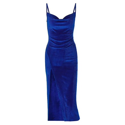 Sexy Slim Fit Velvet ter Par Dr Women's Summer New Sle High Waist Slit Gown Ladylike Cotton Blend Tummy Control