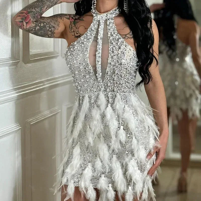 Sexy Glitter Sequins Birthday Dress Women Nightclub Party Halter Backless Feathers Sleeveless Prom Cocktail Short Dresses Robe
