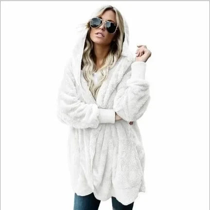 Winter Double Fleece Cardigan Jacket Autumn Women Solid Color Long Sleeve Plush Warm Hooded Lady Jacket Oversized Outerwear Coat