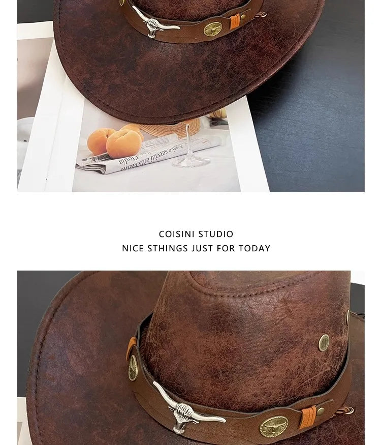 Faux Leather Western Cowboy Hats For Women Men Vintage Gentleman Cowgirl Jazz hat Holidays Party Cosplay Hat