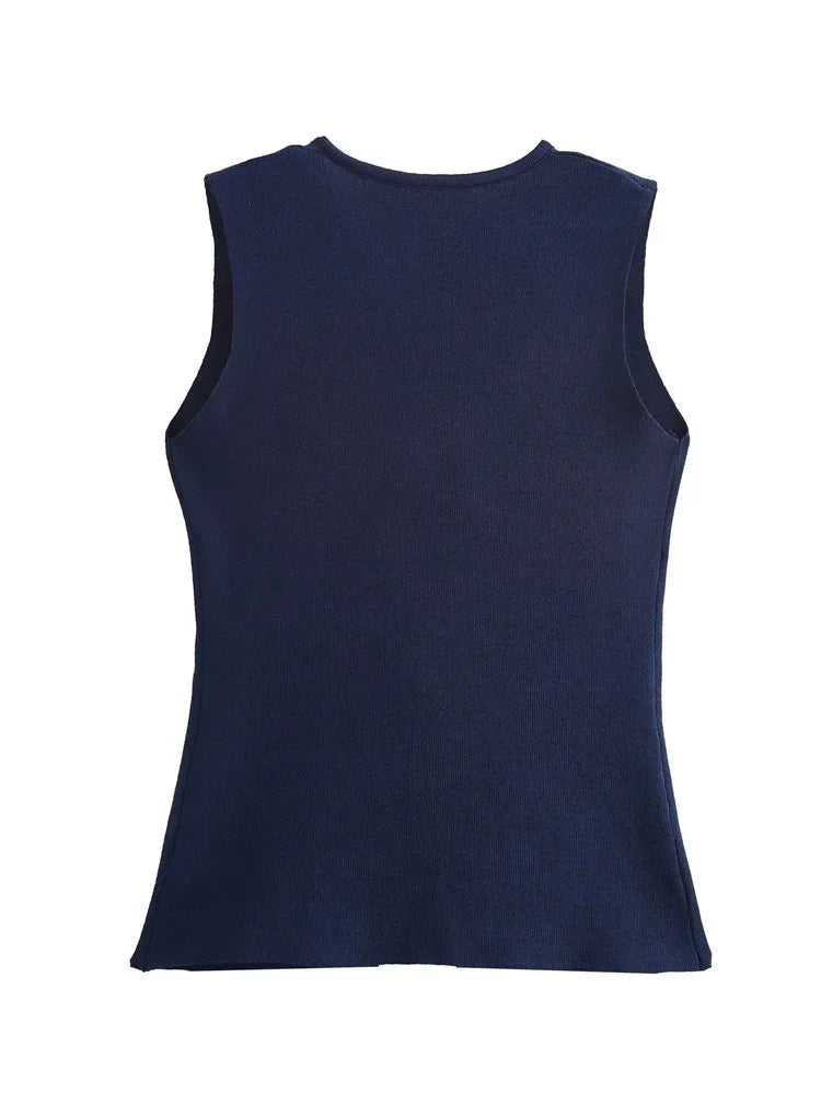 Zevity New Women Fashion V Neck Sleeveless Golden Buttons Knitted Vest Sweater Female Chic Solid Color Slim Cardigan Tops LS6273