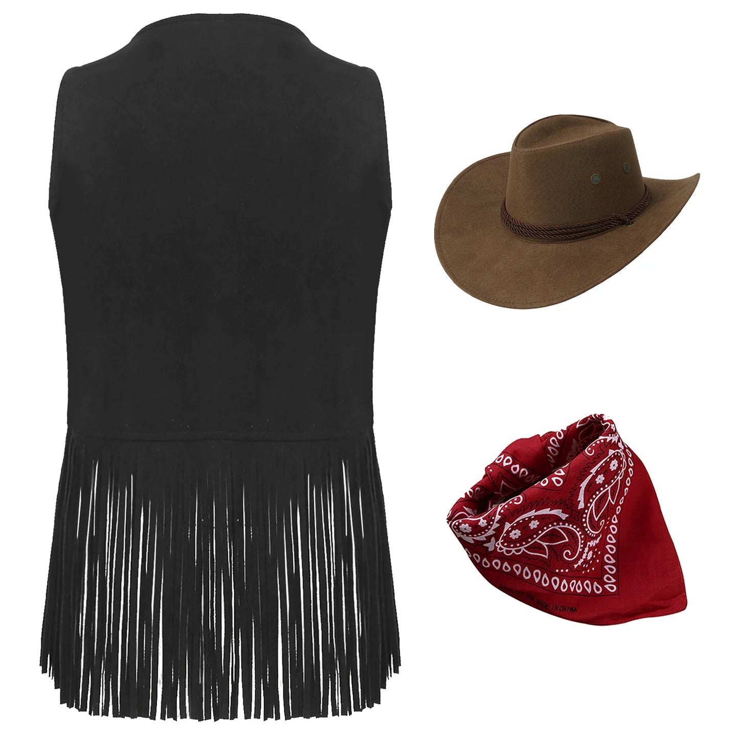 Gilet de cowboy pour femme, costume de cosplay, en faux daim, avec pompons et rivets, pour Halloween, avec bandana