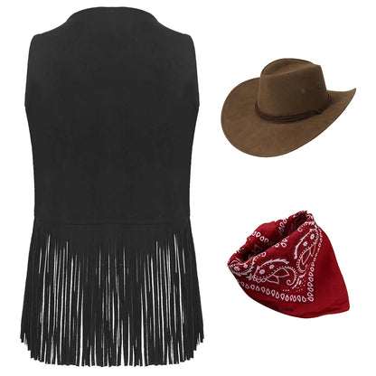 Women Cowboy Vest Halloween Party Western Cowgirl Cosplay Costume Faux Suede Tassel Fashion Rivets Waistcoat with Bandanna Hat