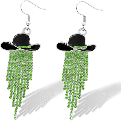 Boucles d'oreilles pendantes de cowgirl de l'Ouest, Chapeau en émail, Pendentif à pompon strass scintillant, Bijoux pour femmes pour bal, concerts country, rodéo, cow-boy