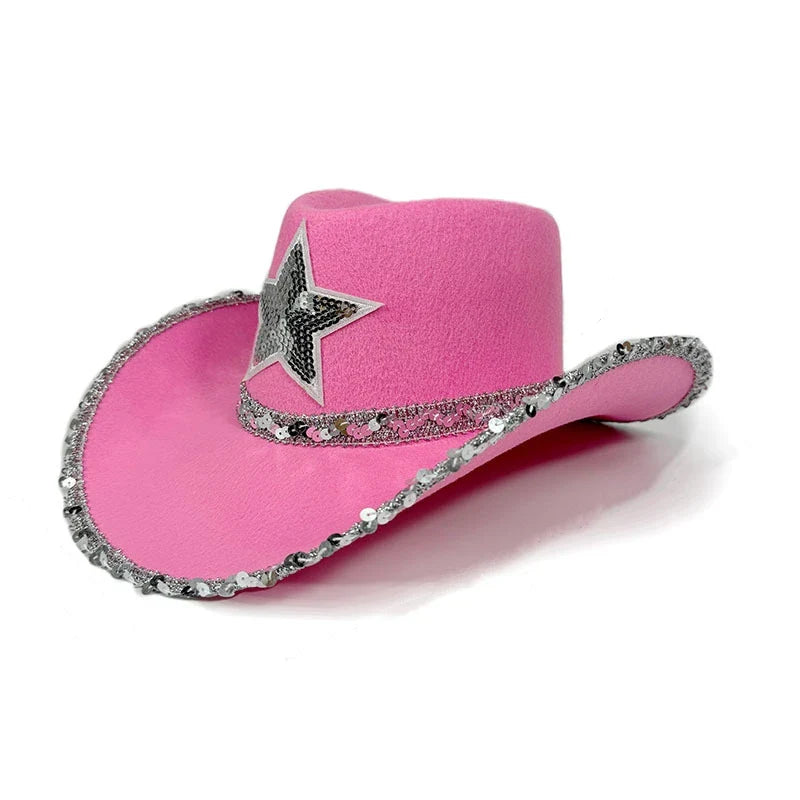 Chapeau de Cowboy Rose pour Femmes Filles Chapeau Western à Large Bord Chapeau à Paillettes Scintillantes pour Spectacle Costume de Cowgirl pour Fête de Mariage
