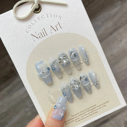 10 faux ongles bleus faits main de style cowboy, ongles adhésifs à presser, couverture complète, Uñas Накладные Ногти