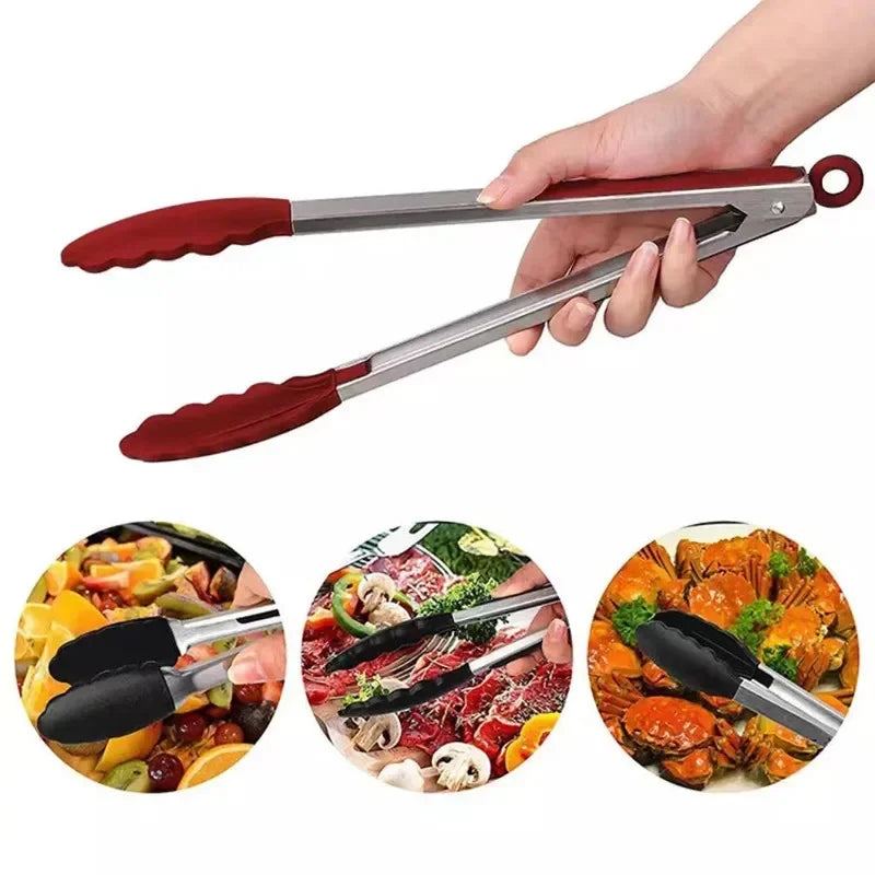 9" Stainless Steel Food Tongs, Non-Stick Silicone Cooking Tongs, Outdoor Salad and Bread Utensils, Kitchen Accessories