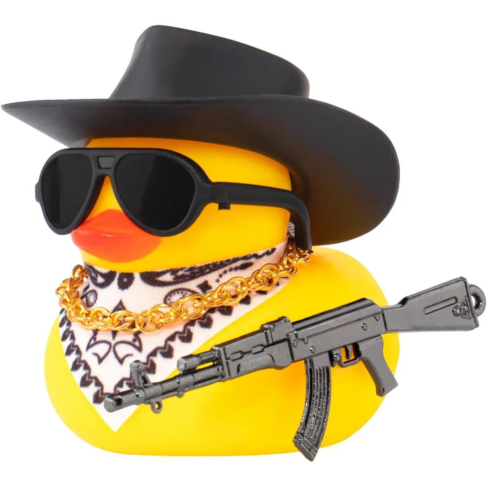Car Rubber Duck Ornament Cool Car Accessories Duck Car Dashboard Decoration Cowboy Hat Duck with Weapon Necklace, AK47 M416