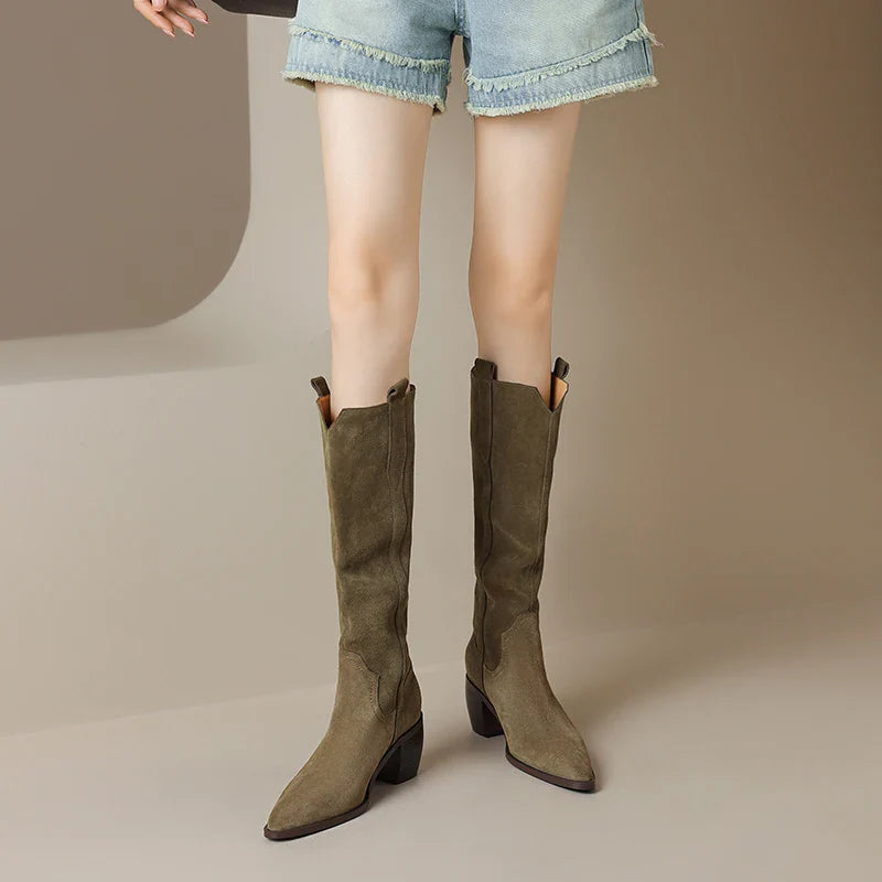 Bottes de Cowboy en Daim de Vache à Talons Hauts pour Femme, Style Vintage, Style Country Western, à la Mode, Automne Hiver