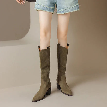 Bottes de Cowboy en Daim de Vache à Talons Hauts pour Femme, Style Vintage, Style Country Western, à la Mode, Automne Hiver