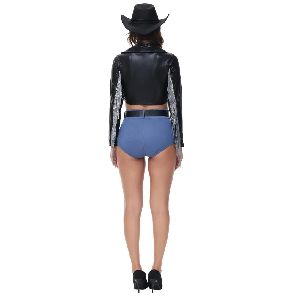 Costume de Cosplay de Cowboy occidental Disco, chanteur Sexy, pompon d'halloween, col en V profond, chemise en cuir à manches longues, pantalon court, Costume Hottie