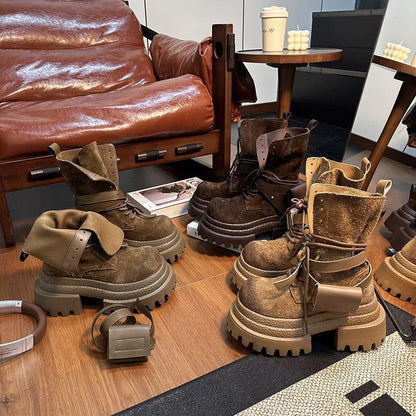 Bottes de Cowboy à grande tête en détresse, mode rétro, bottes de chevalier montantes de Style moto haut de gamme, bottes à semelles épaisses pour filles et femmes