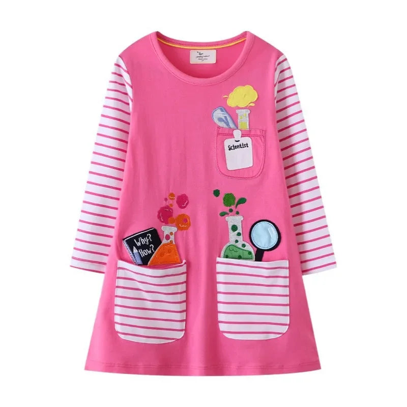 Jumping Meters Paint Brush Children's School Dresses With Pockets Pen Embroidery Long Sleeve Autumn Kids Preppy Style Dress