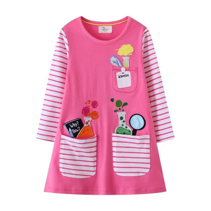 Jumping Meters Paint Brush Children's School Dresses With Pockets Pen Embroidery Long Sleeve Autumn Kids Preppy Style Dress