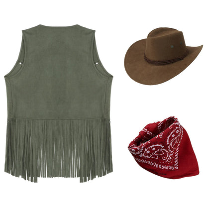 Women Cowboy Vest Halloween Party Western Cowgirl Cosplay Costume Faux Suede Tassel Fashion Rivets Waistcoat with Bandanna Hat