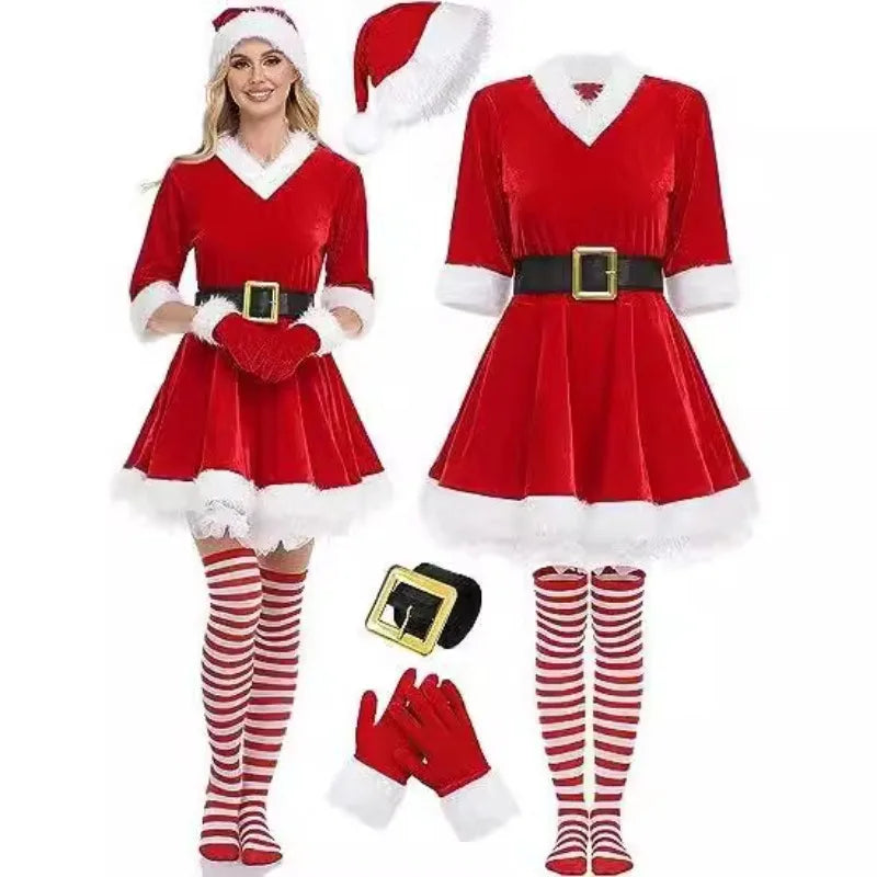 New Fashion Women Half Sleeve Solid Popular Ladies Santa Claus Xmas Theme Costume Cosplay Outfit Waistbelt Fancy Christmas Dress