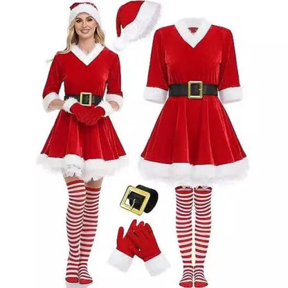 New Fashion Women Half Sleeve Solid Popular Ladies Santa Claus Xmas Theme Costume Cosplay Outfit Waistbelt Fancy Christmas Dress