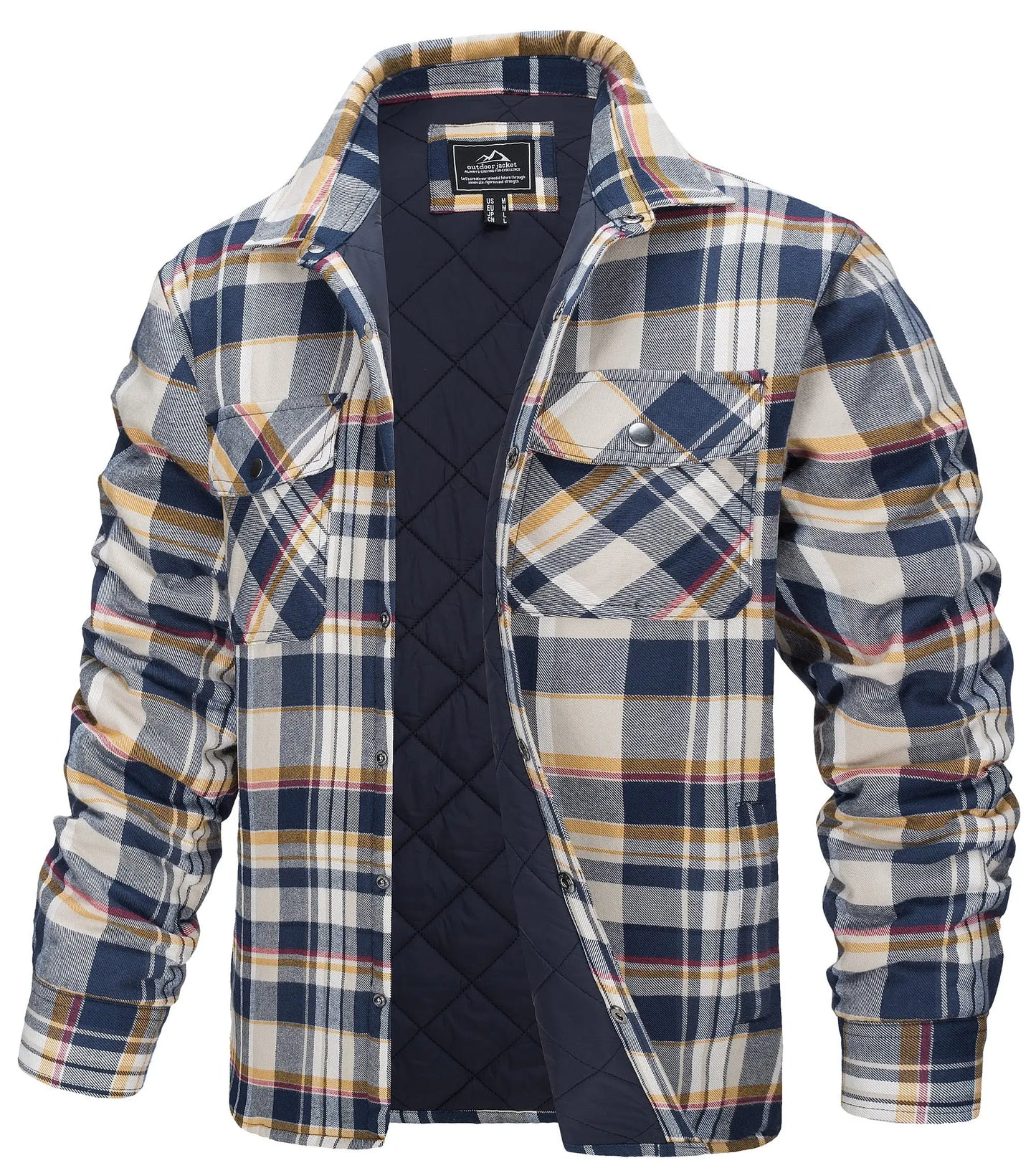 TACVASEN Winter Plaid Cotton Jackets Mens Long Sleeve Quilted Lined Flannel Shirt Jacket Multi-Pockets Outwear Hiking Coats Tops