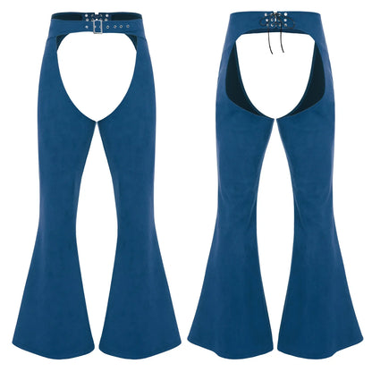Womens Faux Suede Leather Cowboy Pants Vintage Adjustable Waist Hollow Out Bell Bottoms Biker Pants Riding Motorcycle Trousers