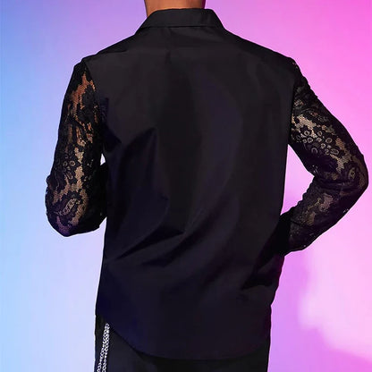 Chemise en dentelle brodée à manches longues pour hommes, cardigans à revers boutonnés, chemises transparentes sexy, mode printemps et automne