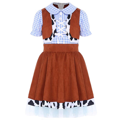 Kids Girls Western Cowboy Cowgirl Costume Puff Sleeve Cow Print Gingham A-line Dress Halloween Carnival Cosplay Party Dress Up