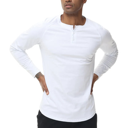 T-shirts boutonnés à manches longues pour hommes, col Henley, décontractés, de haute qualité, pour l'automne