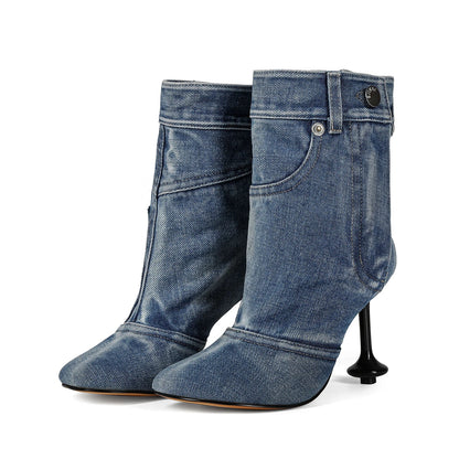 European and American Alien and Square Head Splicing Design Water Washed Cowboy Boots for Women's Trendy Side Zipper Short Boots