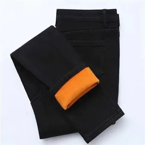 WinterFleece-Lined Thickened High-Waisted Jeans Women's Korean Style Black Slimming Trousers Student Elastic Long Pants