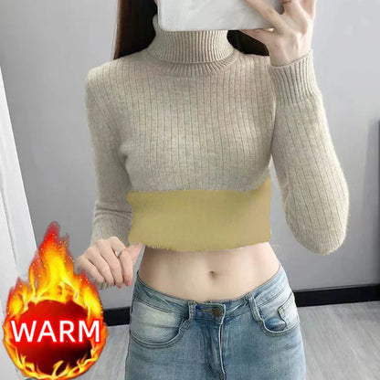 Turtleneck Winter Sweater Women Elegant Thicken Velvet Lined Warm Sueter Fleece Knitted Pullover Slim Top Jersey Knitwear Jumper