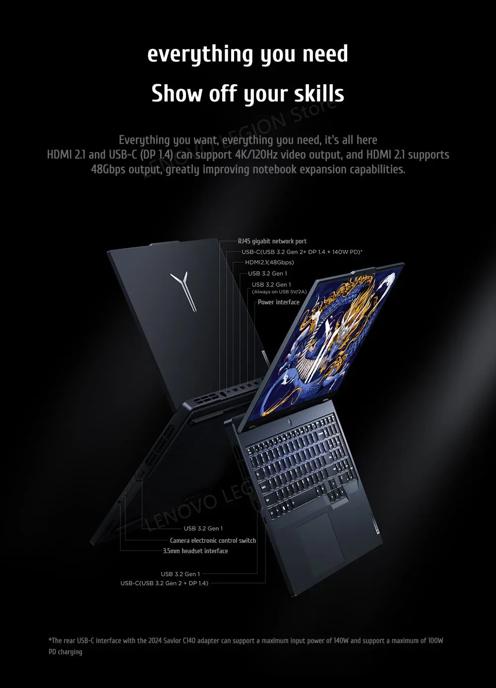 PC portable de jeu Lenovo Legion Y9000P Gaming E-Sports 2024 RTX 4060 Intel i9-14900HX 16" 16/32/64 Go de RAM 1/2 To SSD 2.5K 240 Hz