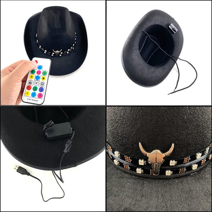 Chapeau de cowboy LED télécommandé pour femmes et hommes, chapeaux de cow-girl occidentaux, robe de l'ouest, vêtements de sauna scintillants pour Halloween, casquette unisexe, mode