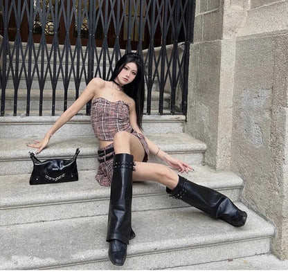 Autumn Cowboy Boots For Women Fashion Slip On Long Pipe Boots Female Square High Heel Trend Winter Footwear