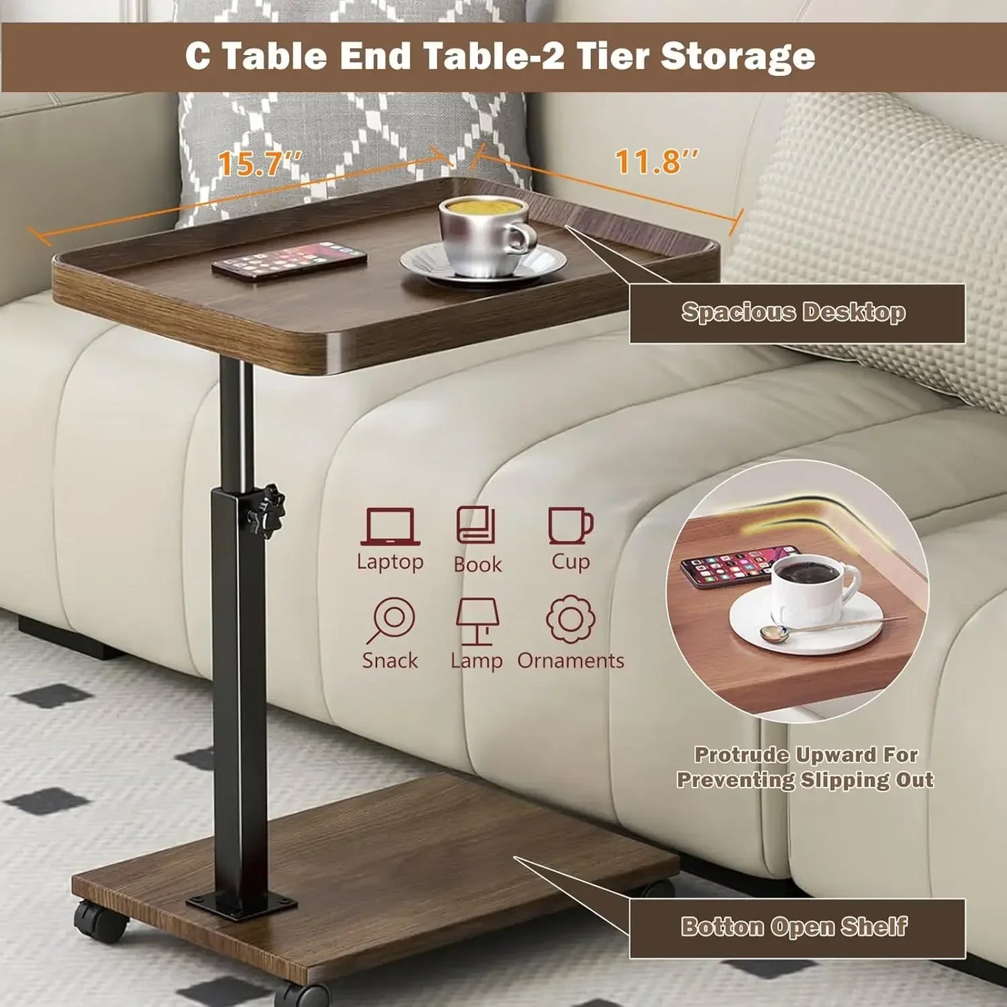 Chariot roulant réglable, Table de chevet, bureau pour ordinateur portable, lit médical pour la maison, plateau alimentaire 360 °   Bureau à domicile de table de plateau de canapé rotatif