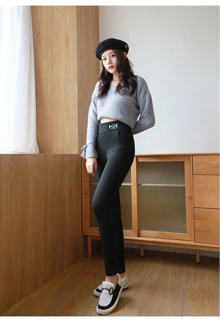 Hiver femmes Leggings solide chaud Leggings épaissir laine d'agneau taille haute polaire garder bout à bout haute extensible pantalon de marche poche