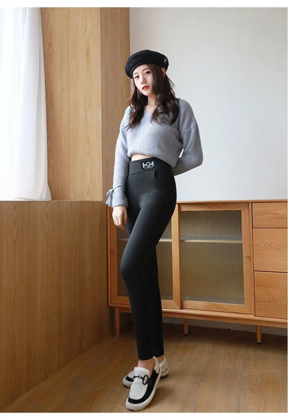 Hiver femmes Leggings solide chaud Leggings épaissir laine d'agneau taille haute polaire garder bout à bout haute extensible pantalon de marche poche