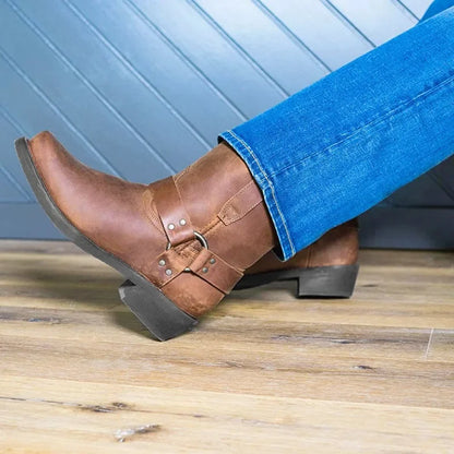 Retro Cowboy Boots Men Mid Calf Western Boots Mixed gender Leather Boots Man Slip On Shoes Winter Knight  Booties Size 48