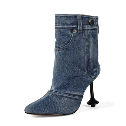 European and American Alien and Square Head Splicing Design Water Washed Cowboy Boots for Women's Trendy Side Zipper Short Boots
