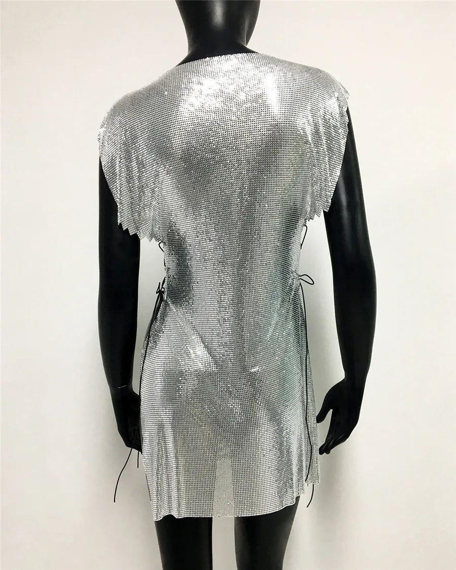 Glitter Metal Sequins Mini Dress Women Sexy Round Neck Sleeveless Side Split Bandage Dress Rave Festival Nightclub Evening Dress