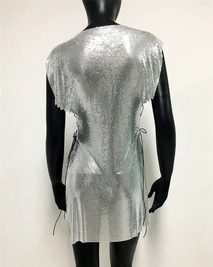 Glitter Metal Sequins Mini Dress Women Sexy Round Neck Sleeveless Side Split Bandage Dress Rave Festival Nightclub Evening Dress