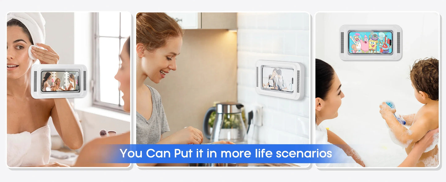 Shower Phone Holder with Speaker  480 Rotation, Wall Phone Mount for Shower Waterproof Anti Fog Shower Case for 4-7" Phones