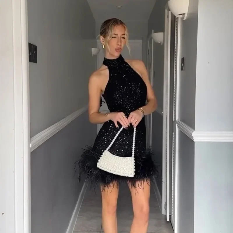 Robe élégante en Patchwork de plumes et de paillettes, col licou, sans manches, épaules dénudées, taille cintrée, Slim, Robe de soirée pour dames