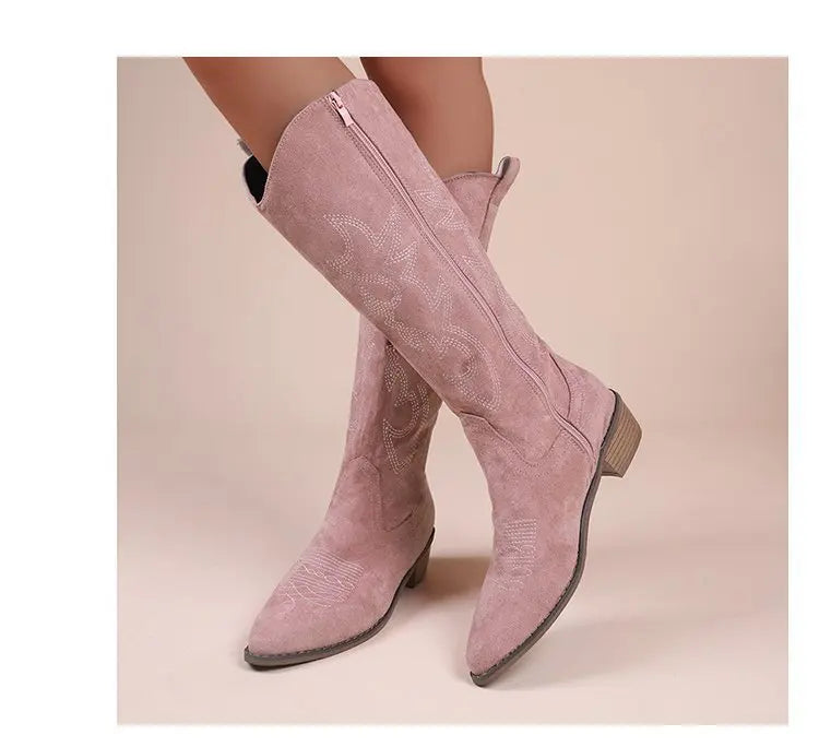 Bottes hautes à talon épais, amincissantes et longues, ne dépassant pas le genou, brodées, style rétro western cowboy, Nouvelle Collection Hiver 2025
