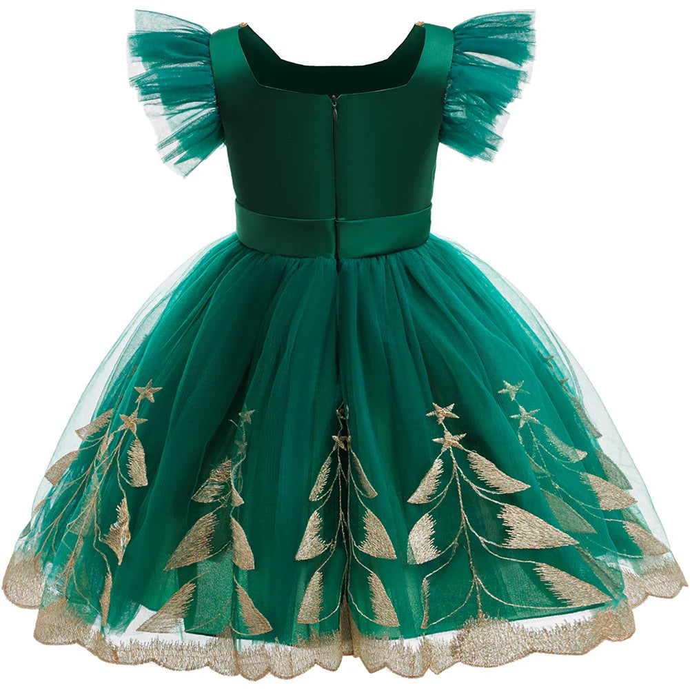 Robe de Princesse Fille Soirée Noël Enfant Broderie Elfe Élégante Manche Volantée Robe de Fête d'Anniversaire