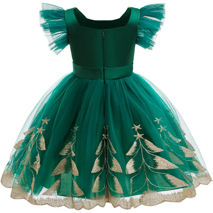 Robe de Princesse Fille Soirée Noël Enfant Broderie Elfe Élégante Manche Volantée Robe de Fête d'Anniversaire